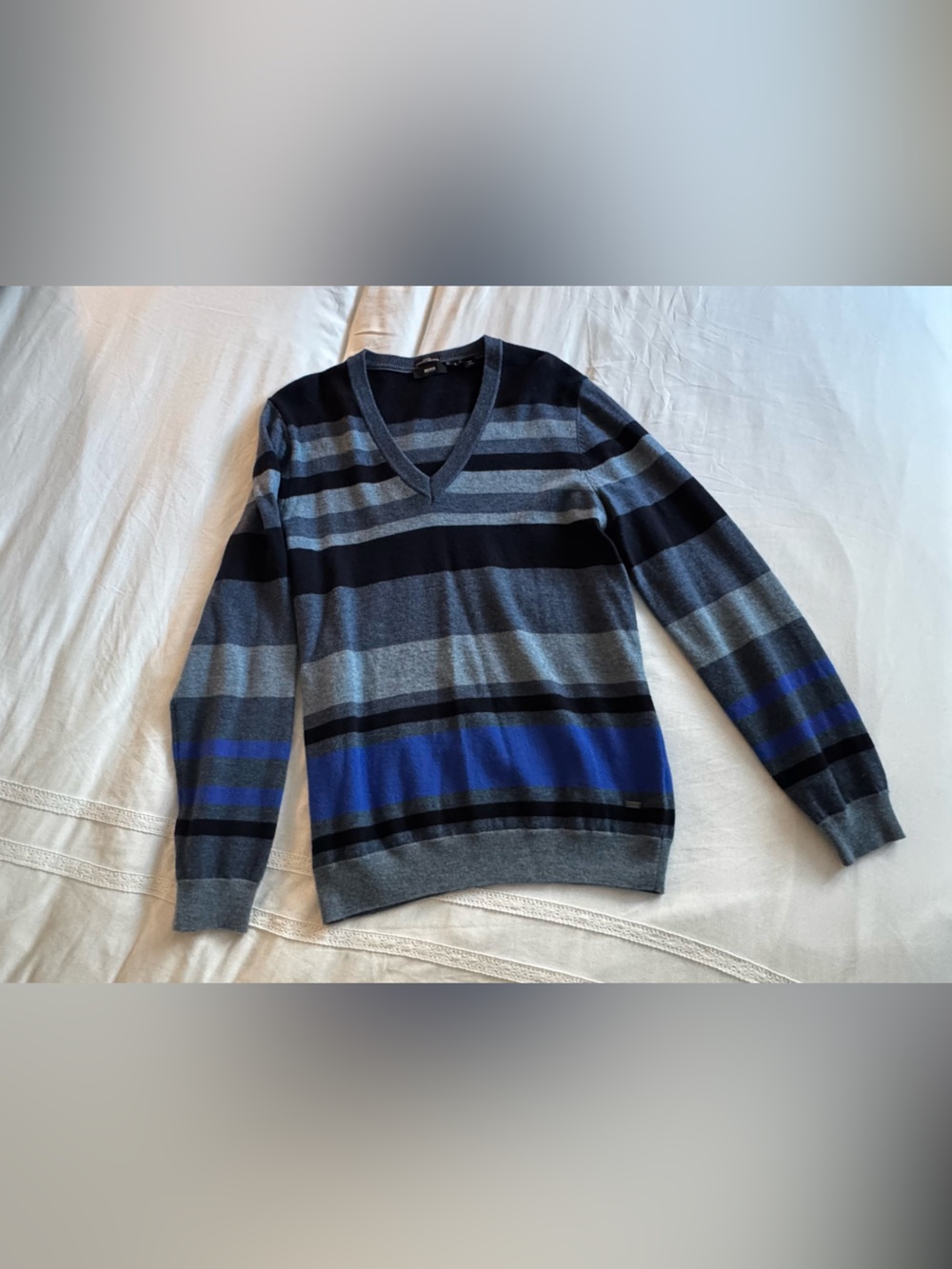 Boss Men's V-Neck Striped Sweater in Gray, Black and Blue